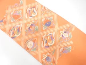 アンティーク　斜め格子に菊・桐・鳳凰模様織り出し袋帯（材料）